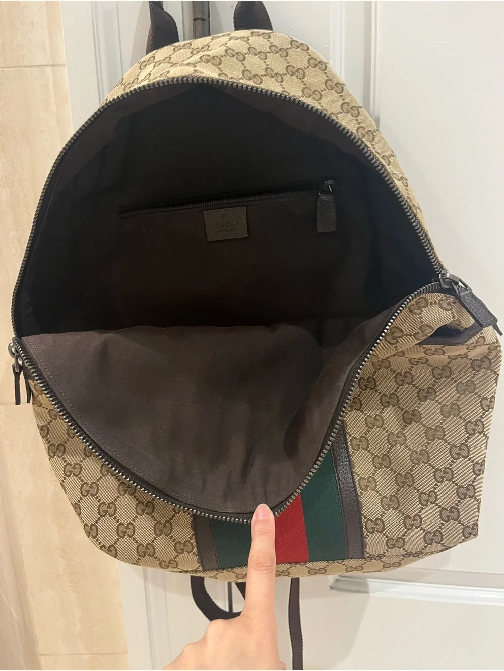 Gucci Beige GG Canvas Backpack with Green and Red Web Stripe